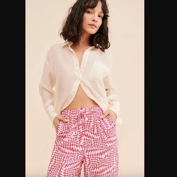 Charlie Holiday Addison Pink & White Wavy Checkered Printed Pants 4 - Picture 2 of 8